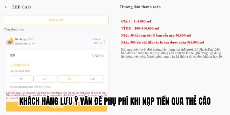 Khách hàng lưu ý vấn đề phụ phí khi nạp tiền qua thẻ cào